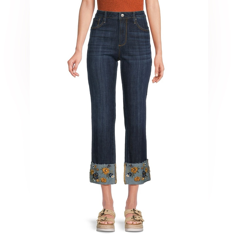 Driftwood Colette Floral Embroidered Cuff Straight Jeans Size 26